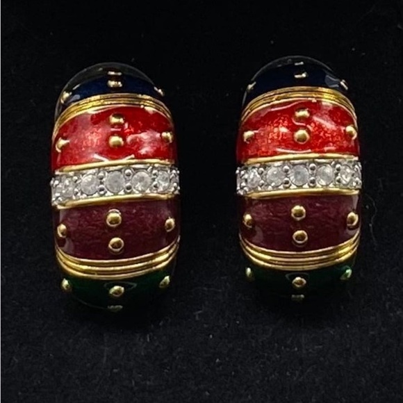 Joan Rivers Gold Tone Blue Red Maroon Green Enamel Pierced Earrings Rhinestones - Picture 1 of 8